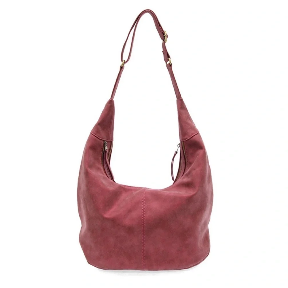 NWT joy susan Rochelle Faux Suede Large Crescent Hobo Bag Metallic Berry
